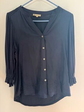 Democracy Navy Button-Front V-Neck Blouse with Embroidered Hem